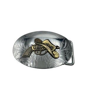 Western-Style Oval Belt Buckle SilverTone Finish Brass Cowboy Hat And Revolver